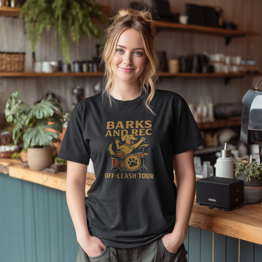 BARKS AND REC 'OFF LEASH TOUR' BLACK T-SHIRT